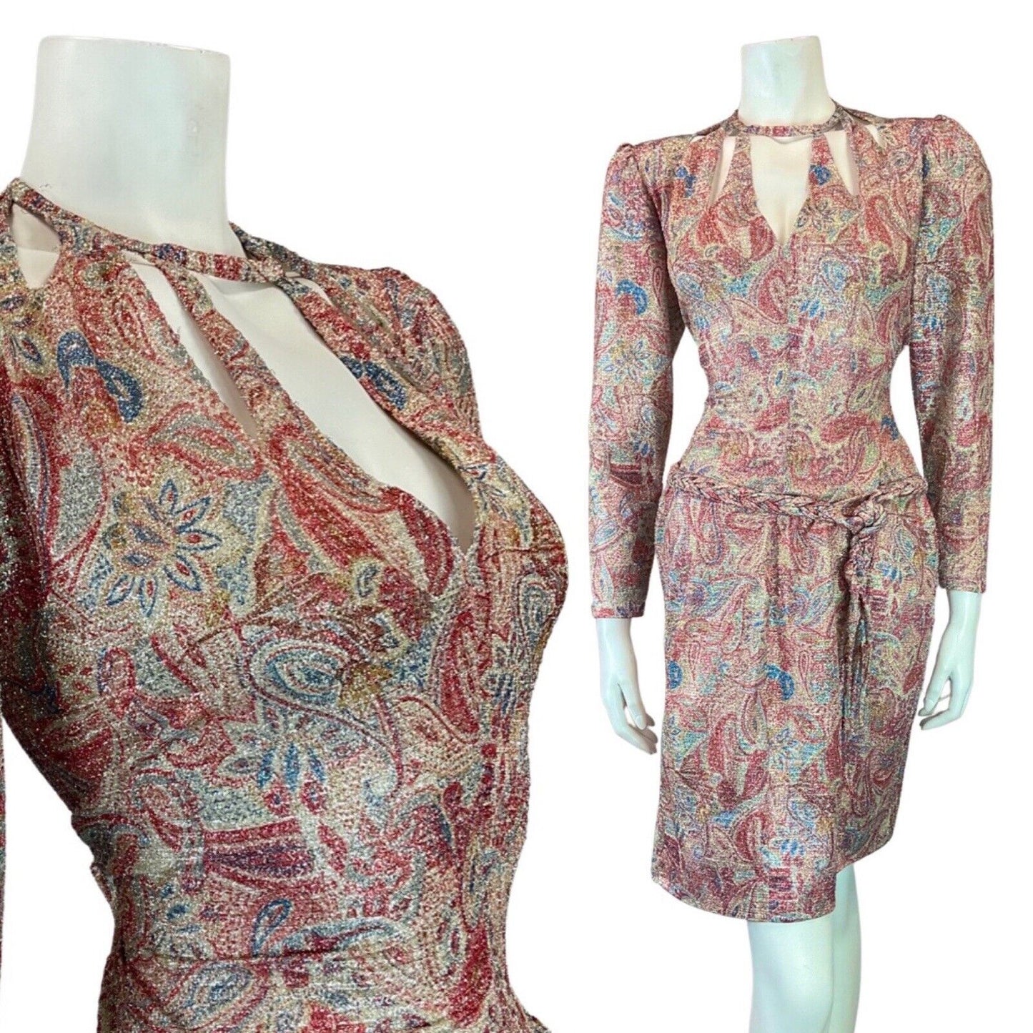 VINTAGE 60s 70s PINK BLUE SILVER PAISLEY FLORAL LUREX CUT-OUT MOD DISCO DRESS 8