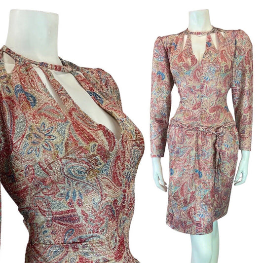 VINTAGE 60s 70s PINK BLUE SILVER PAISLEY FLORAL LUREX CUT-OUT MOD DISCO DRESS 8