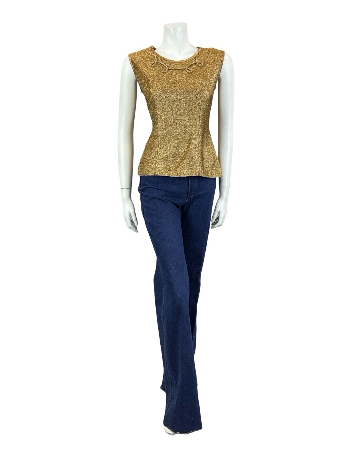 VTG 60S GOLD LUREX SWIRL PIPING ROUNDED NECK SLEEVELESS FITTED PARTY TOP 10