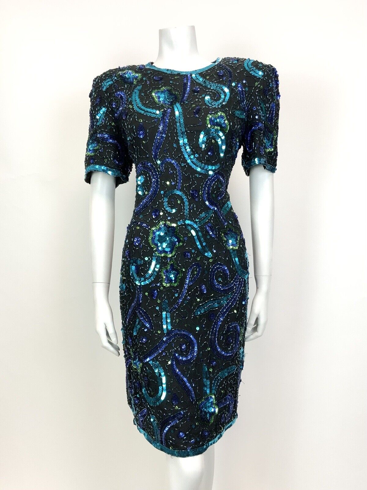 VTG 70s 80s BLACK BLUE GREEN VINE FLORAL SEQUIN DISCO STUDIO 54 PARTY DRESS 14