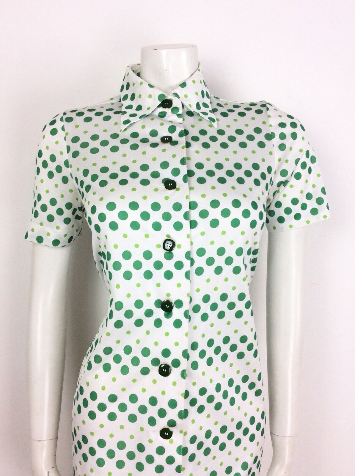 VINTAGE 60s 70s POLKA DOT SPOTTY WHITE GREEN SHIRT DRESS 8 10