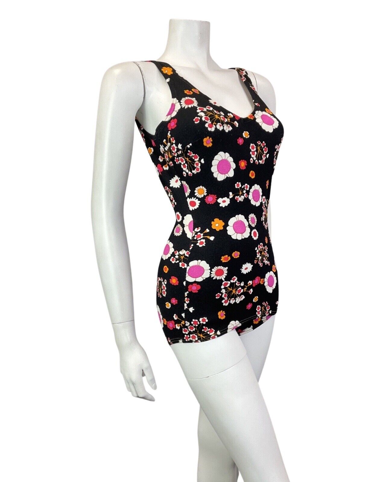 VINTAGE 60s 70s BLACK PINK WHITE DAISY FLOWER MOD SWIMSUIT BODYSUIT 10 12