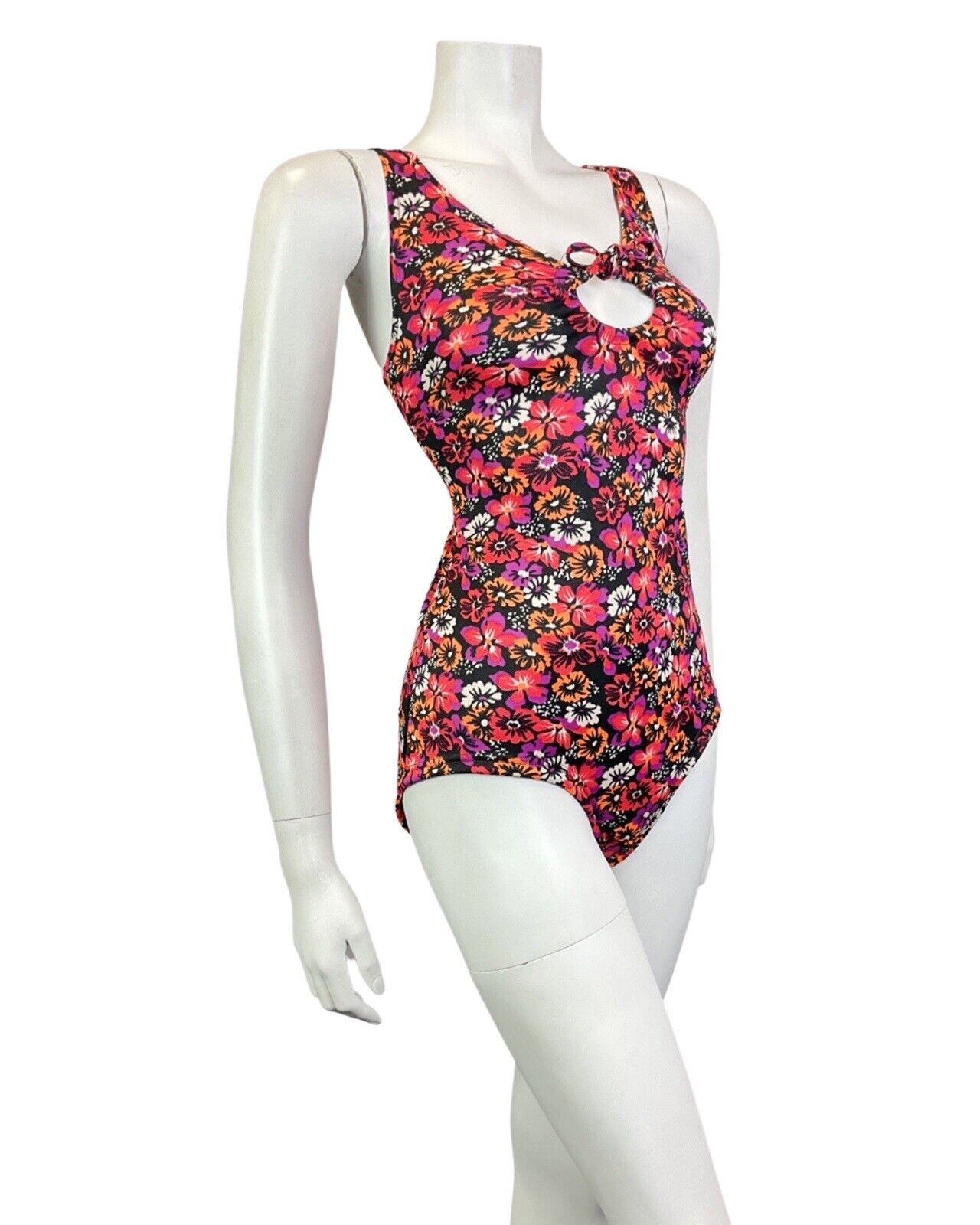 VTG 60s 70s PINK BLACK ORANGE NEON PSYCHEDELIC FLORAL SWIMSUIT BODYSUIT 12 14