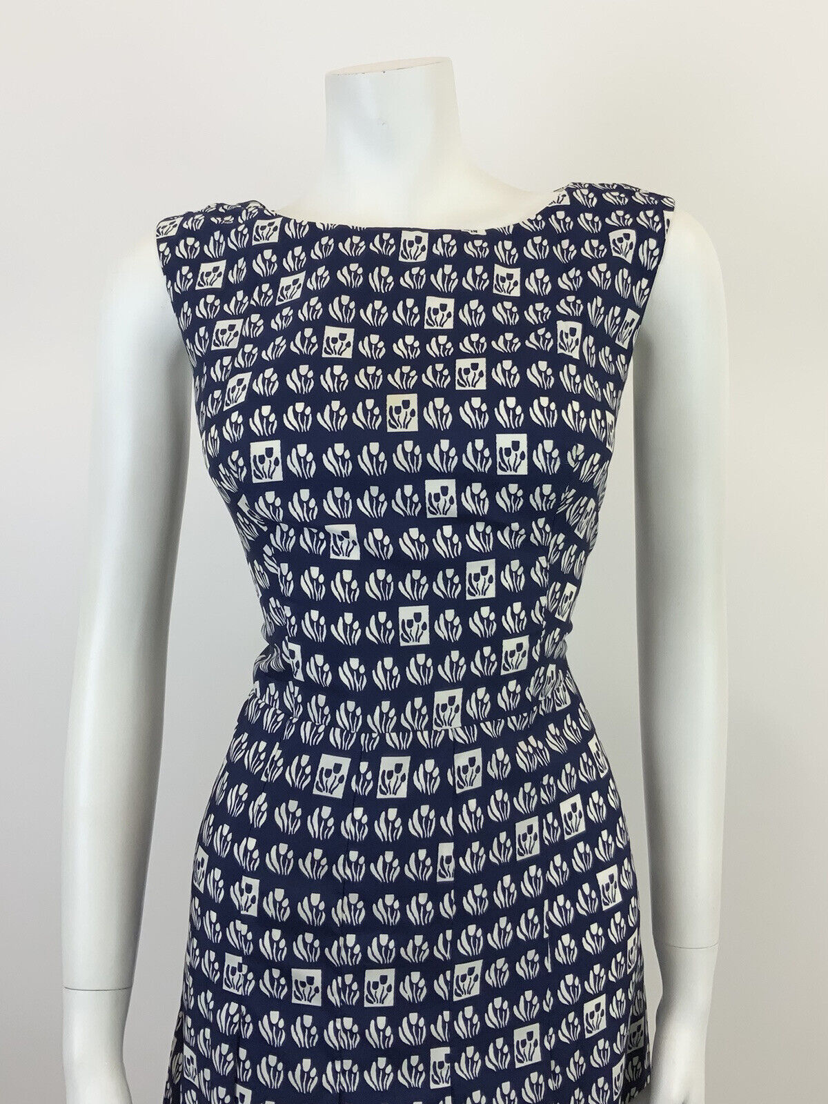 VINTAGE 60s 70s NAVY BLUE WHITE GEOMETRIC CHECKED FLORAL SLEEVELESS MOD DRESS 12