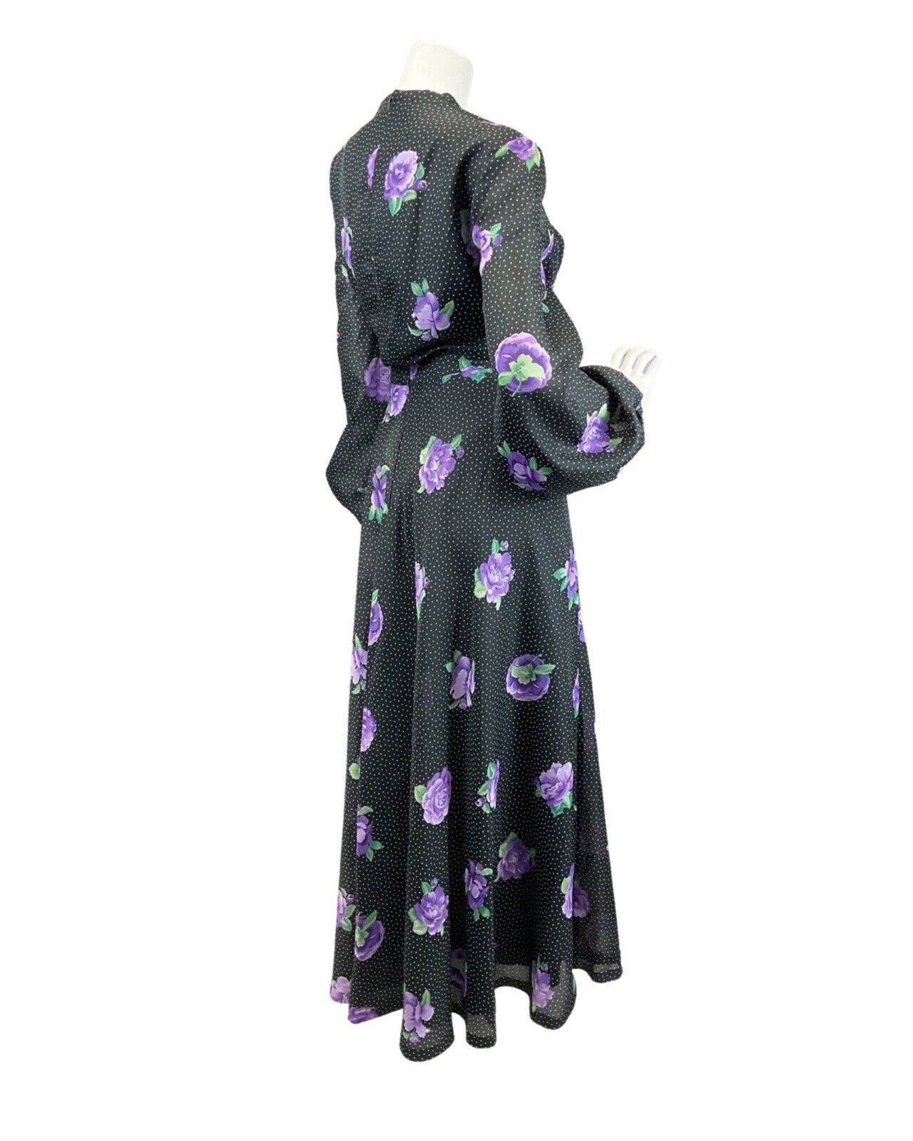 VINTAGE 70s BLACK WHITE PURPLE POLKA-DOT FLORAL PUFF SLEEVE BOHO MAXI DRESS 16