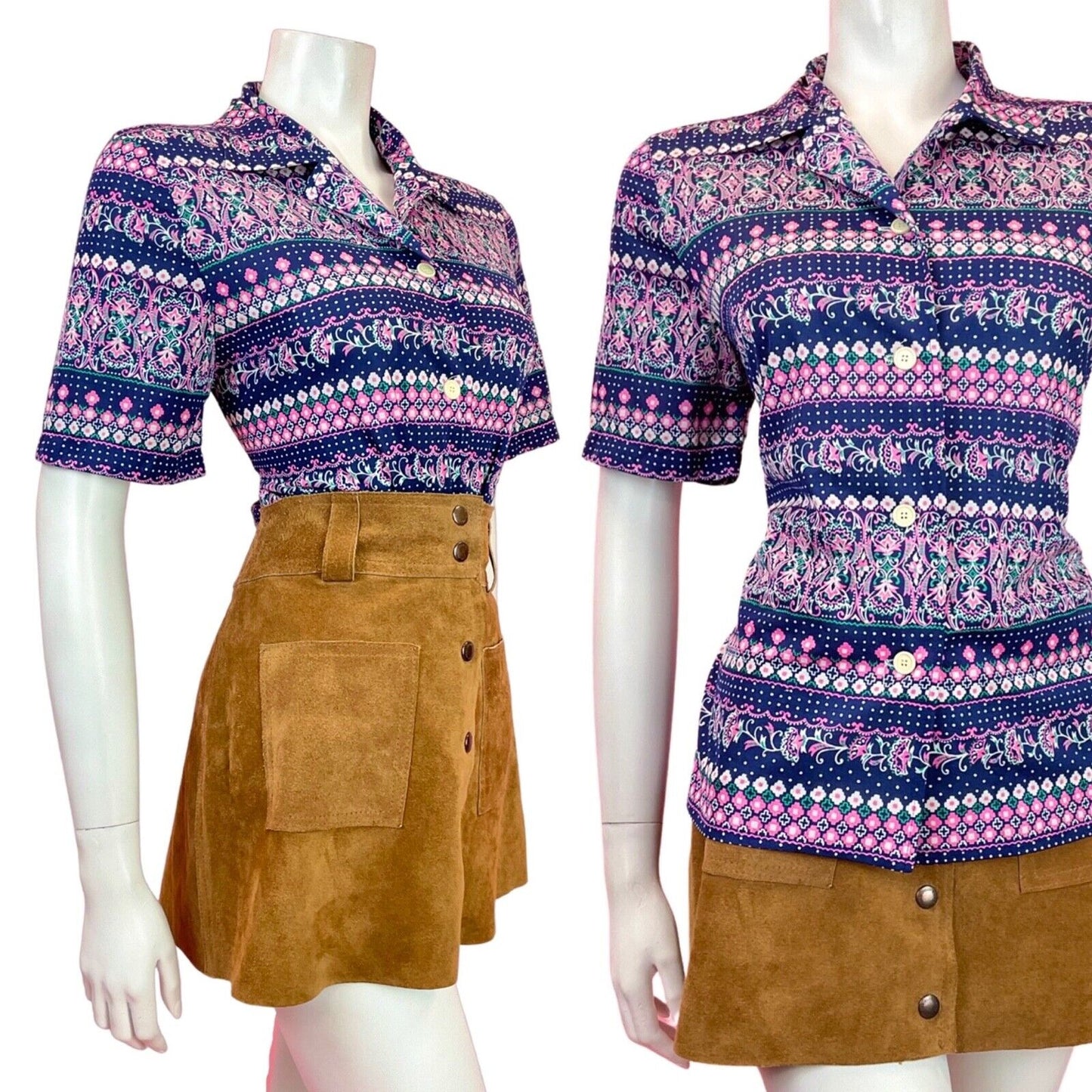 VINTAGE 60s 70s BLUE PINK WHITE PSYCHEDELIC DOTTY FLORAL BLOUSE TOP 12 14