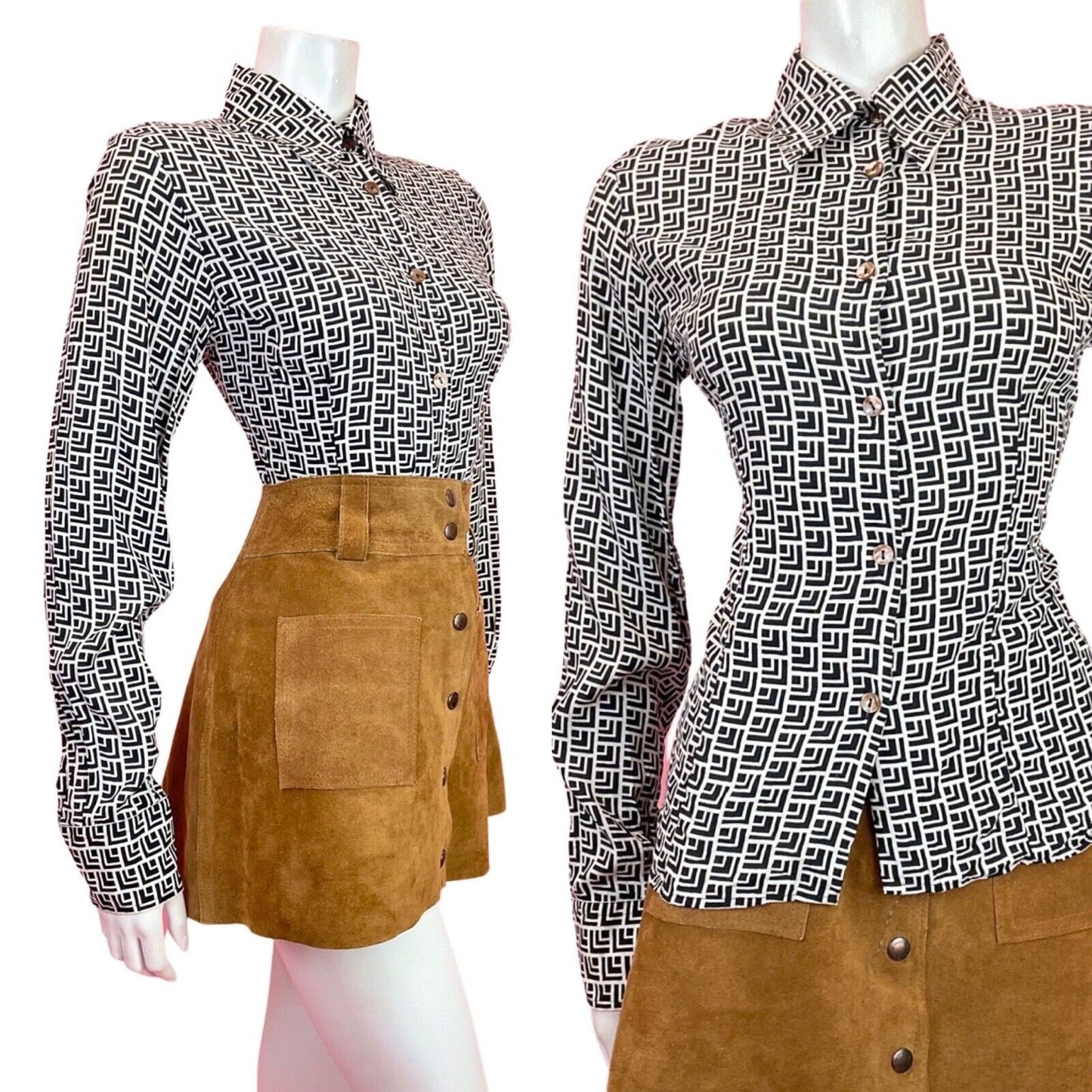 VINTAGE 60s 70s WHITE BLACK GEOMETRIC MOD DAGGER SHIRT BLOUSE 8 10