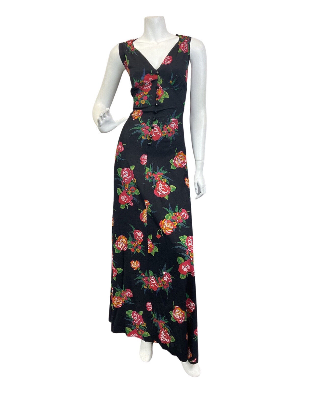 VINTAGE 60s 70s BLACK RED GREEN ROSE FLOWER BOUQUET SLEEVELESS MAXI DRESS 12 14