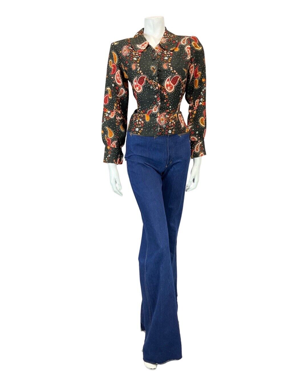 VINTAGE 60s 70s BLACK ORANGE RED PAISLEY FLORAL MOD PETER PAN COLLAR BLOUSE 8