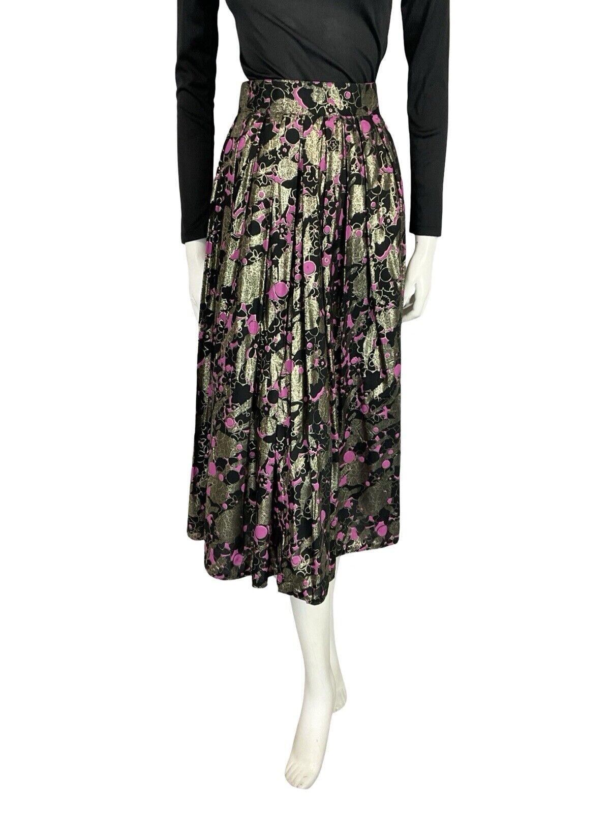 VTG 70S BLACK PINK GOLD METALLIC FLORAL PLEATED NEW WAVE MIDI PARTY SKIRT 14 16