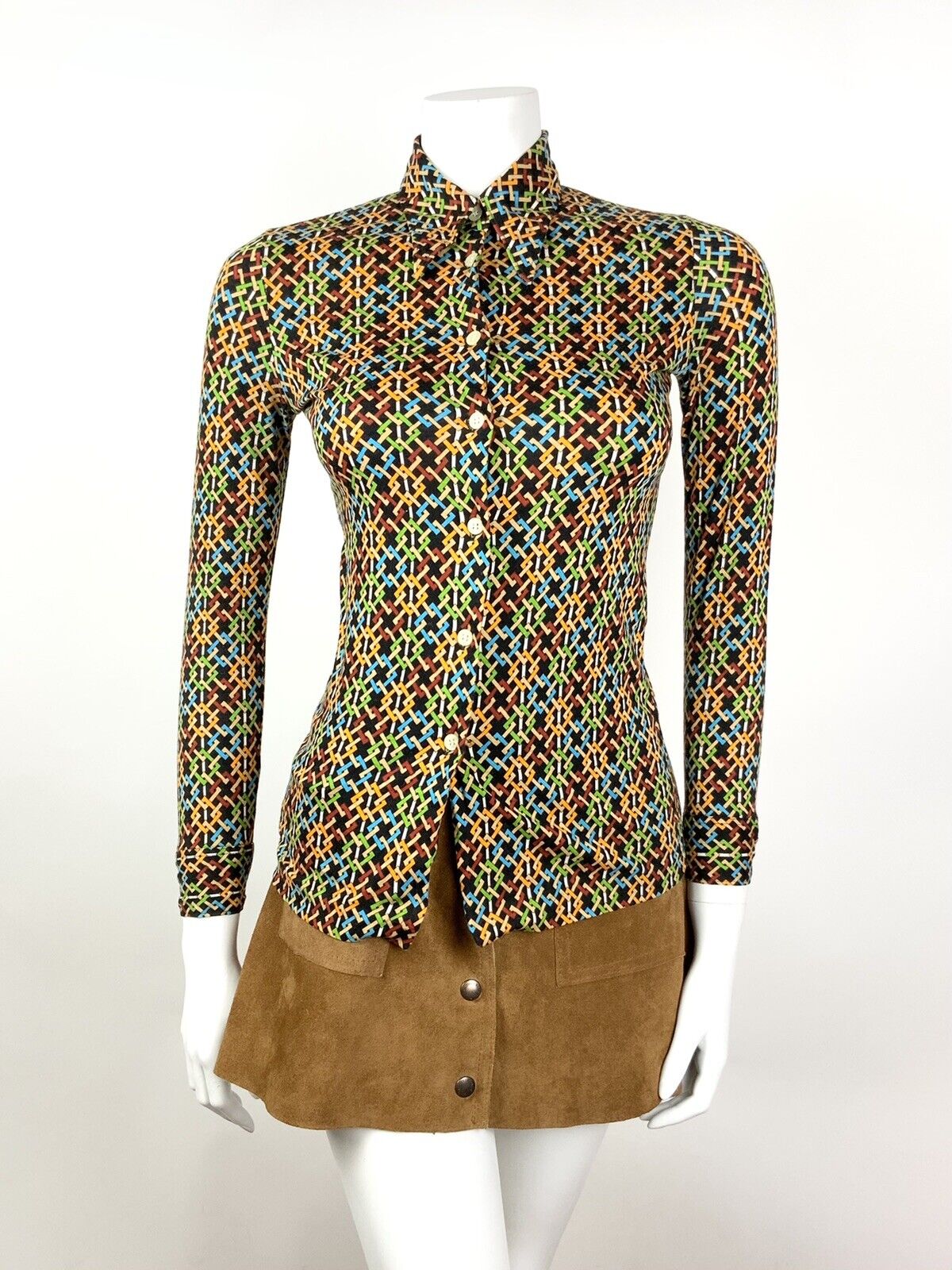 VTG 60s 70s BLACK ORANGE BLUE GREEN GEOMETRIC TRELLIS DAGGER SHIRT BLOUSE 4 6