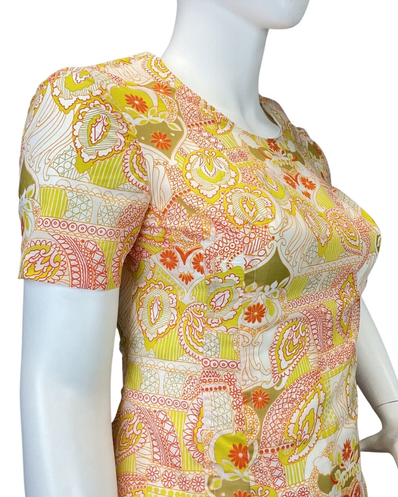 VINTAGE 60s 70s YELLOW RED WHITE PSYCHEDELIC PAISLEY FLORAL MOD DRESS 16 18