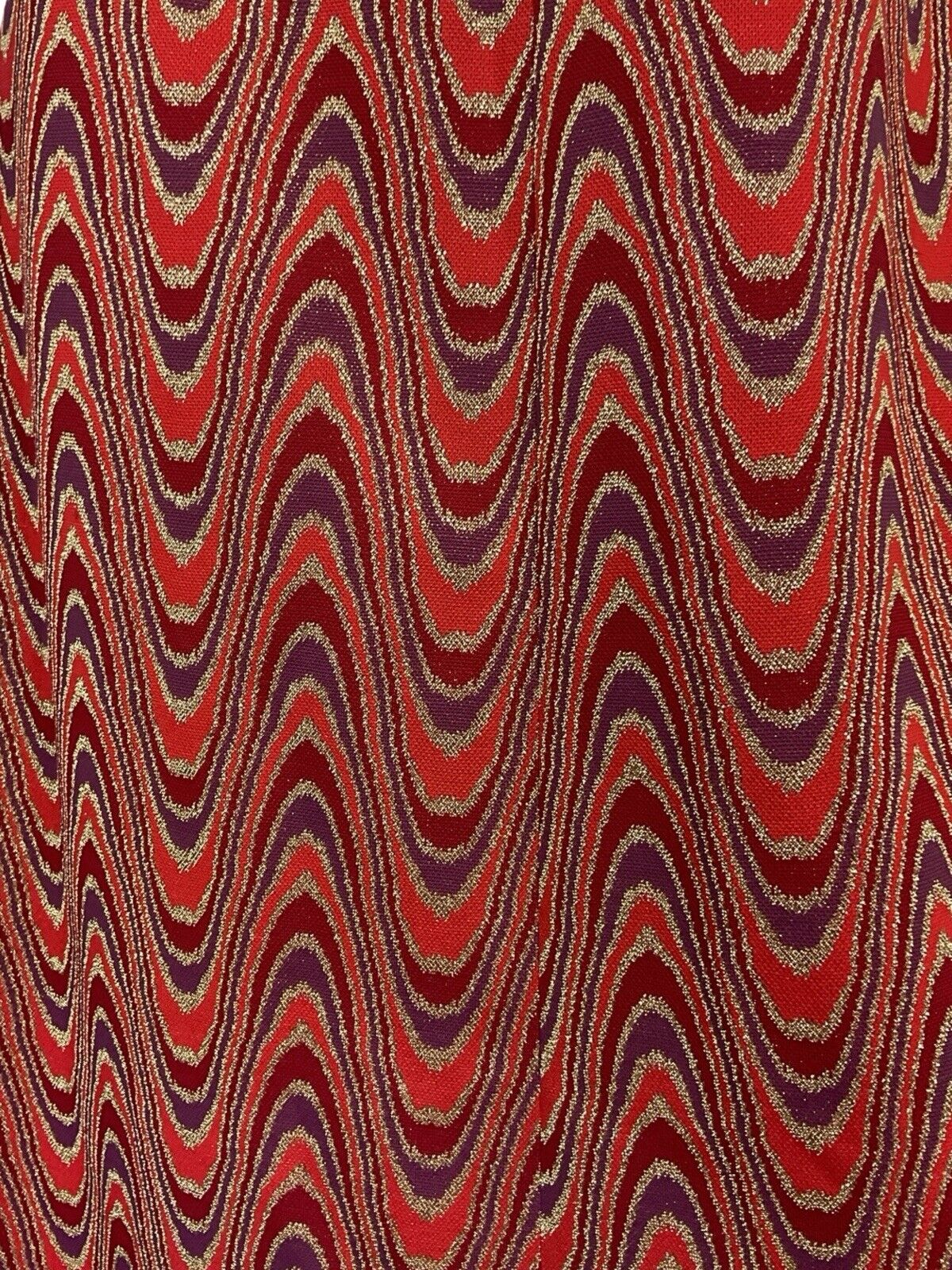 VTG 70S WAVY PSYCHDELIC METALLIC LUREX GOLD RED PURPLE WING COLLAR DRESS 10 12