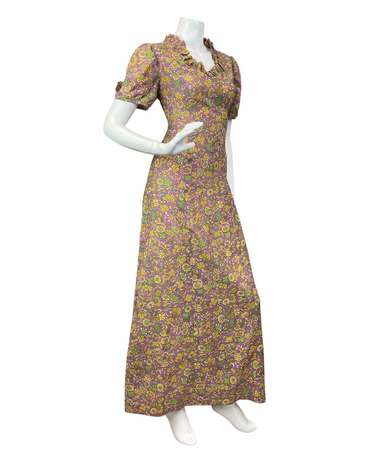 VINTAGE 60s 70s PURPLE YELLOW GREEN PSYCHEDELIC FLORAL MOD MAXI DRESS 10 12