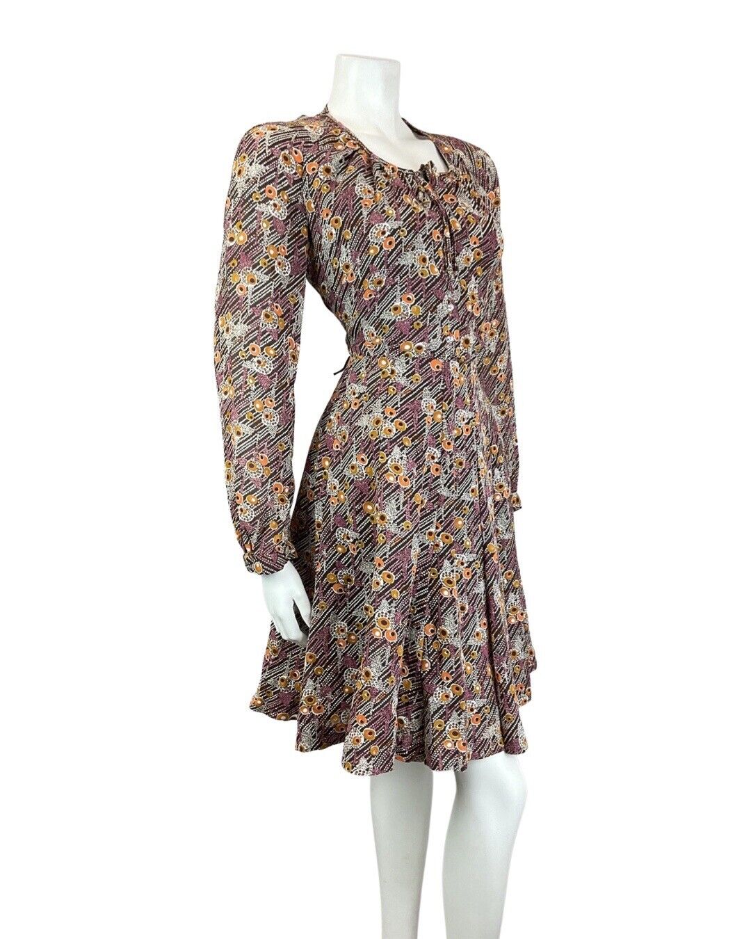 VINTAGE 60s 70s BROWN PURPLE WHITE DOTTY PSYCHEDELIC MOD SWING DRESS 10
