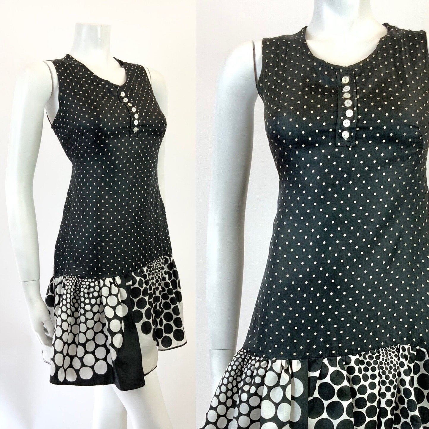 VINTAGE 60s 70s BLACK WHITE POLKA-DOT HALFTONE MOD SLEEVELESS SHIFT DRESS 8 10