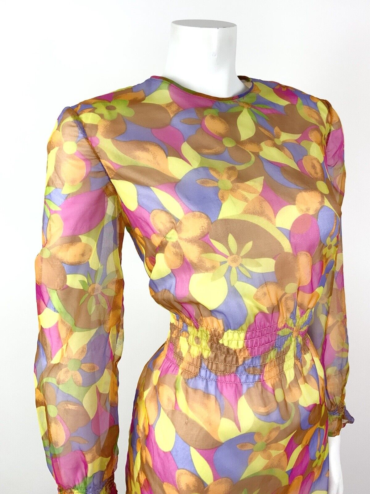 VINTAGE 60s 70s YELLOW PINK PURPLE PSYCHEDELIC FLORAL SHEER MOD DRESS 12 14