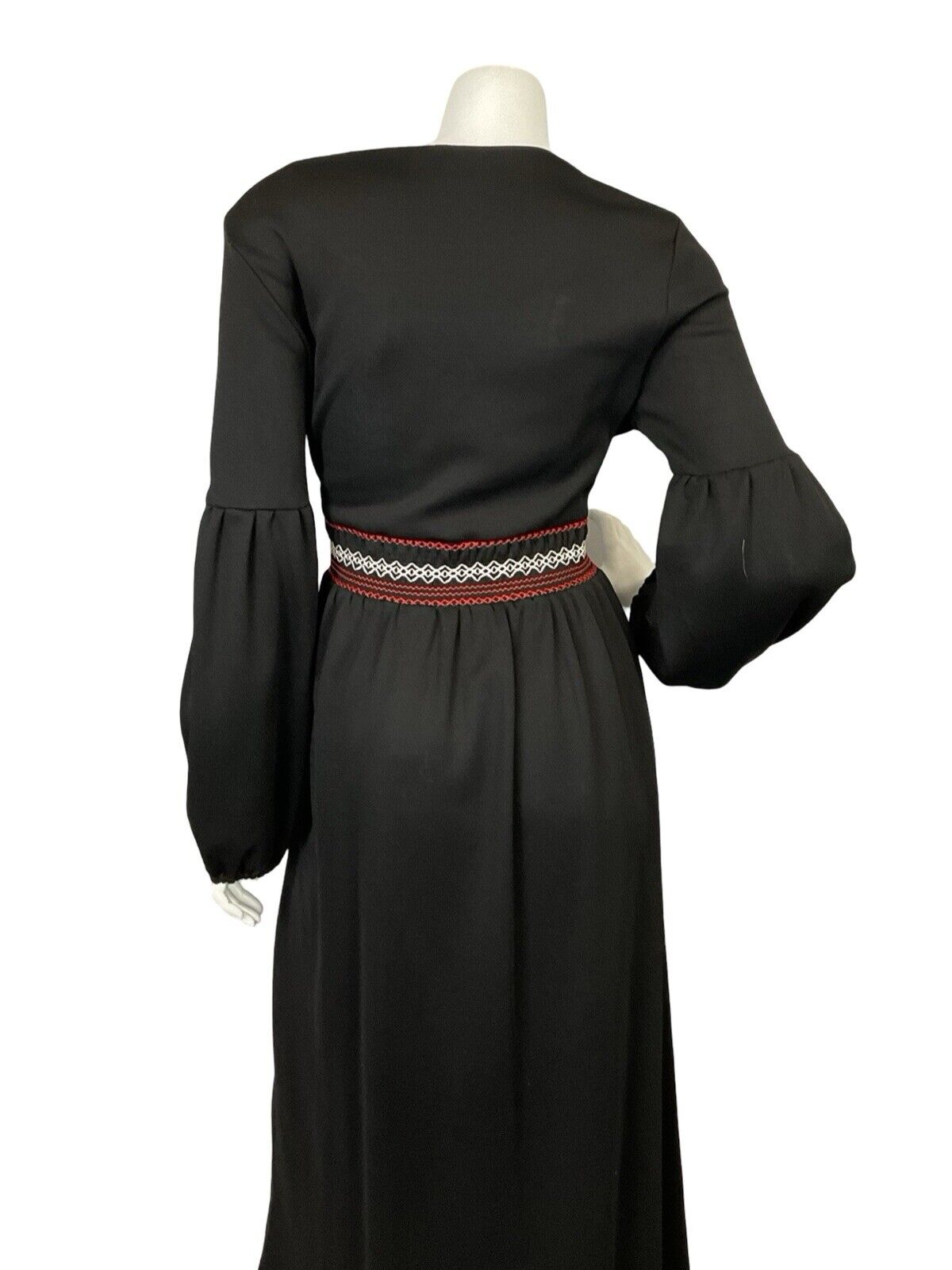 VTG 70S BLACK WHITE RED RUCHING JULIET SLEEVE BOHO HIPPY BUTTON UP MAXI DRESS 10