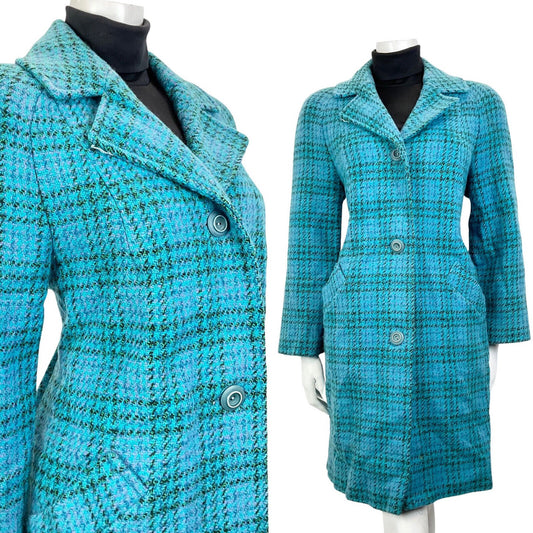 VINTAGE 60s 70s TEAL BLUE PURPLE GREEN PLAID CHECKED MOD WOOL COAT 14