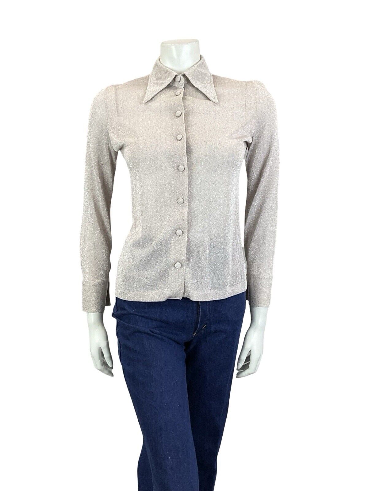 VTG 60S 70S WHITE PASTEL PINK DAGGER COLLAR LONG SLEEVE LUREX PARTY SHIRT 6