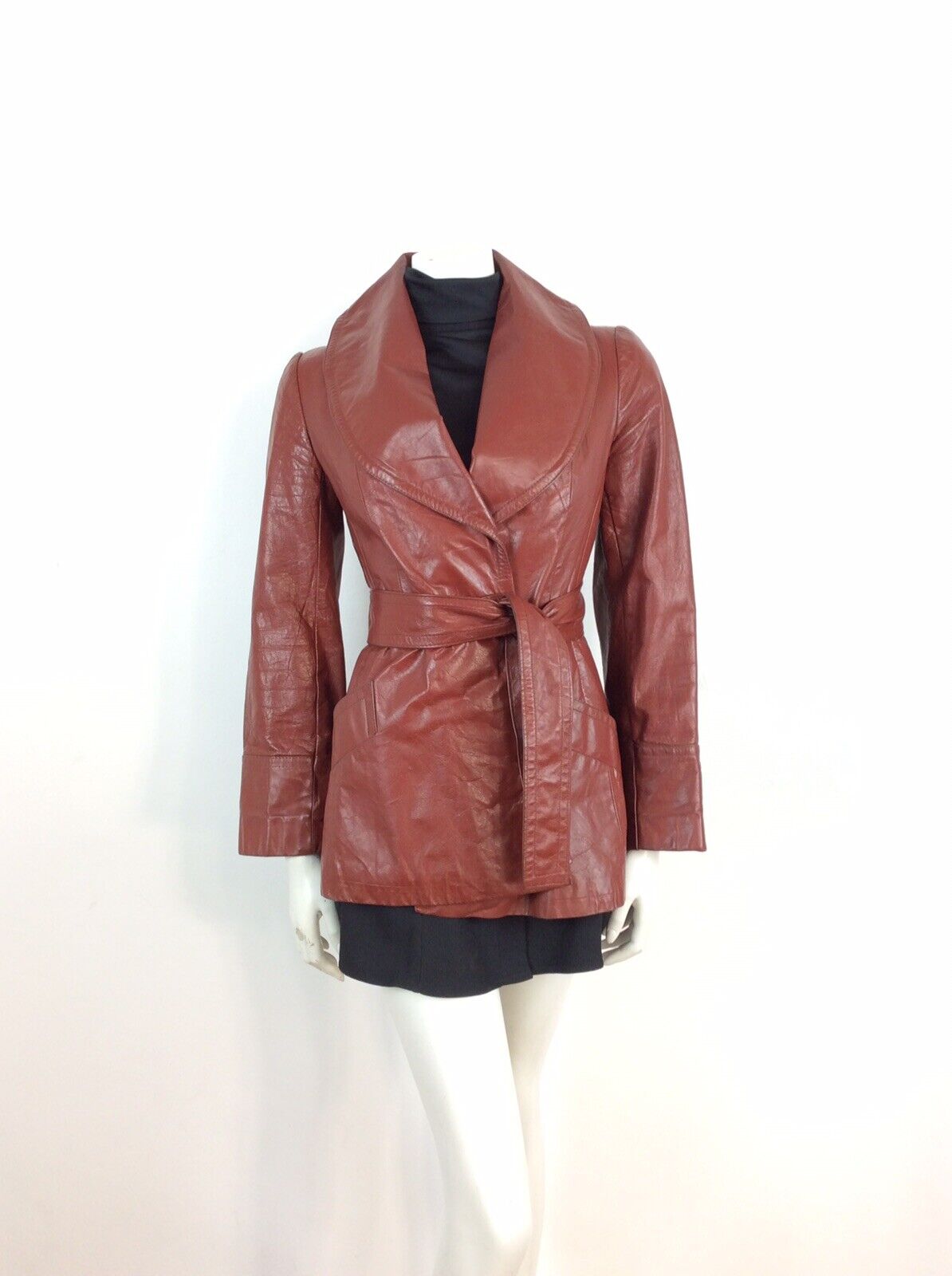 CLASSIC TRUE VINTAGE 60s 70s BROWN BURGUNDY WINE LEATHER WRAP JACKET 8 10 12