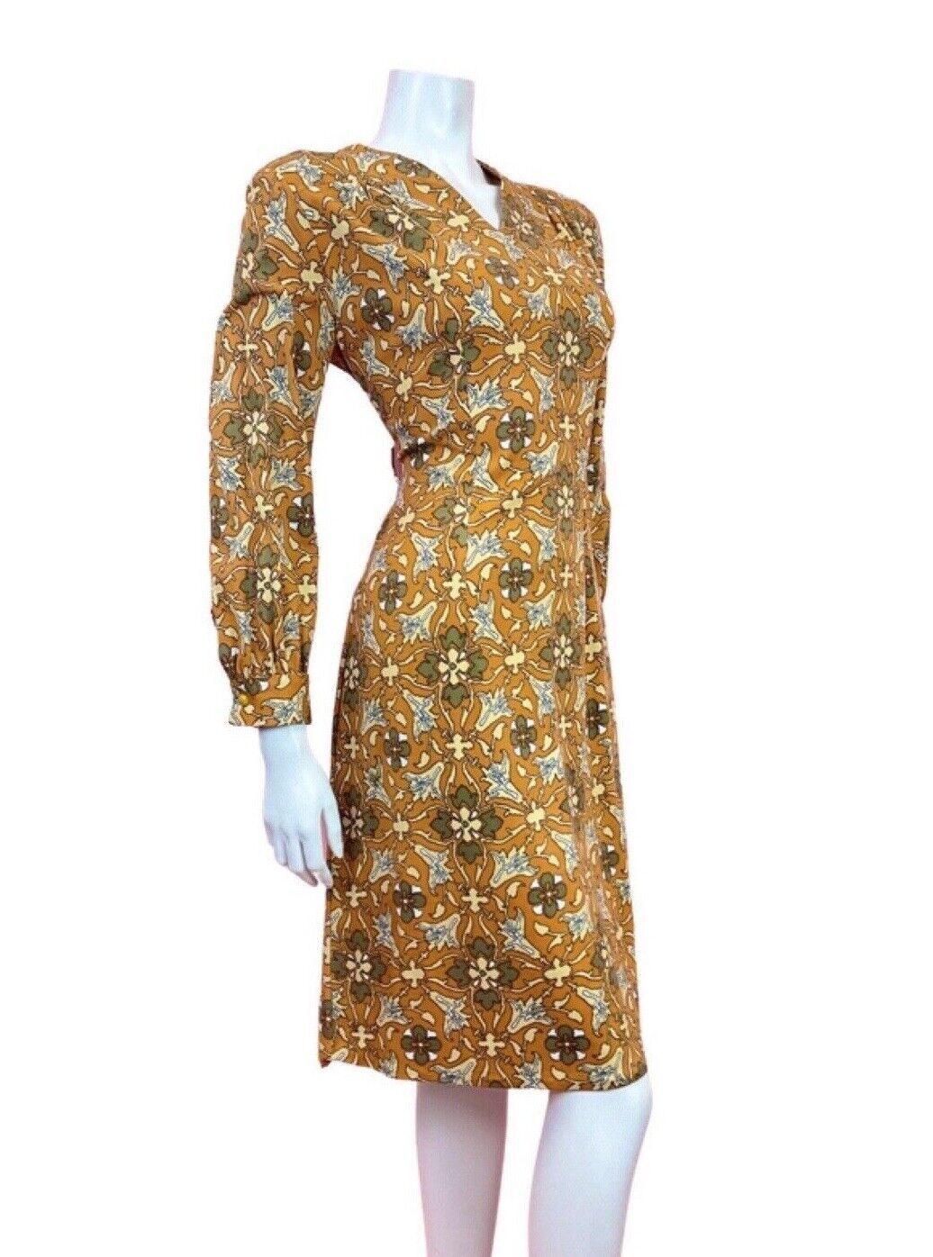 VINTAGE 60s 70s ORANGE BROWN BEIGE FLORAL PIXEL GEOMETRIC MOD DRESS 14 16