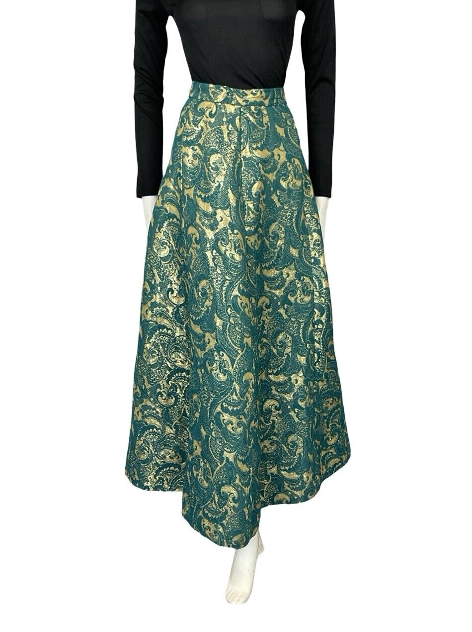 VTG 60S 70S TEAL BLUE GOLD BROCADE METALLIC PARTY FORMAL A. LINE MAXI SKIRT 12