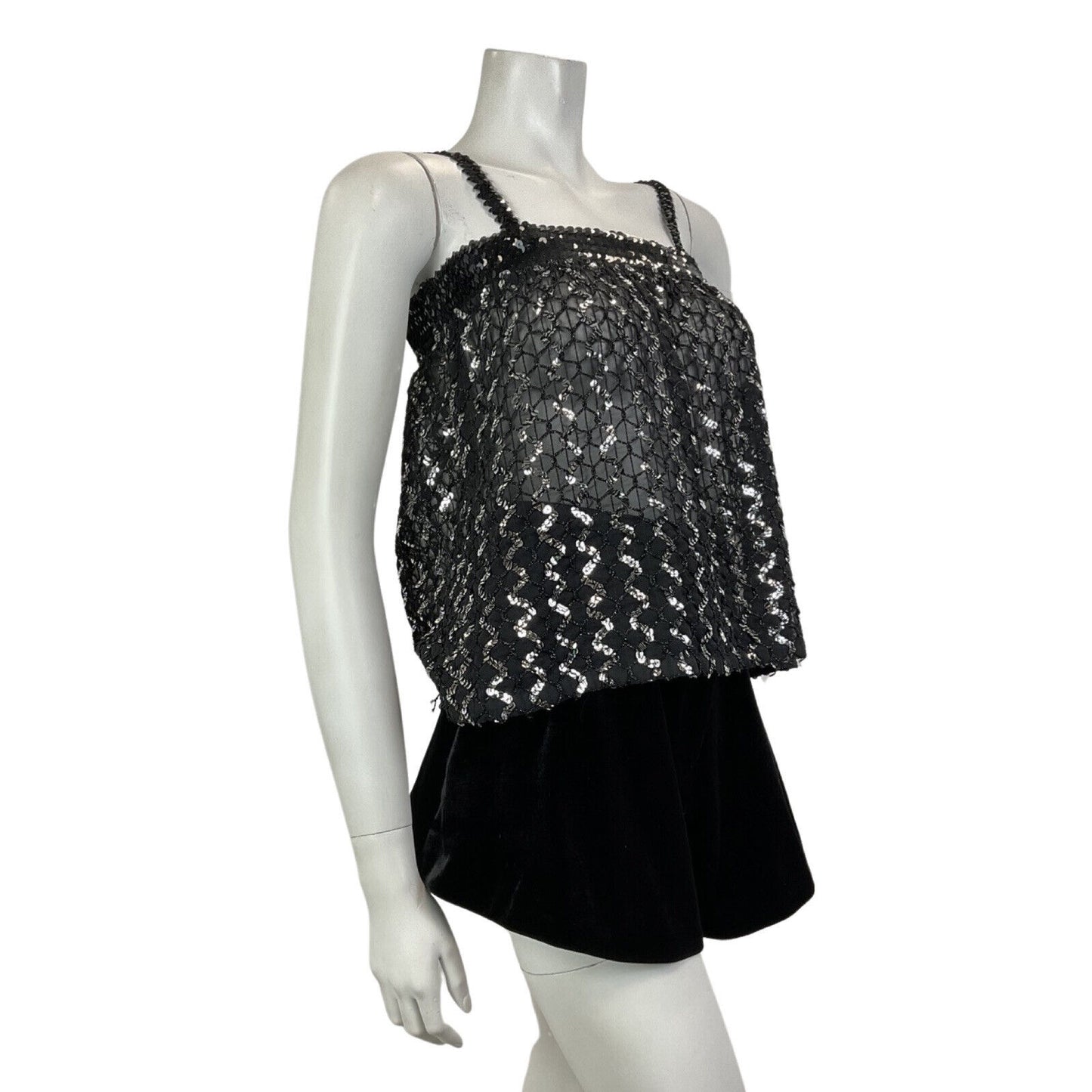 VINTAGE 70s 80s BLACK SILVER ZIG-ZAG SEQUIN STRAPPY DISCO STUDIO 54 TOP 8 10