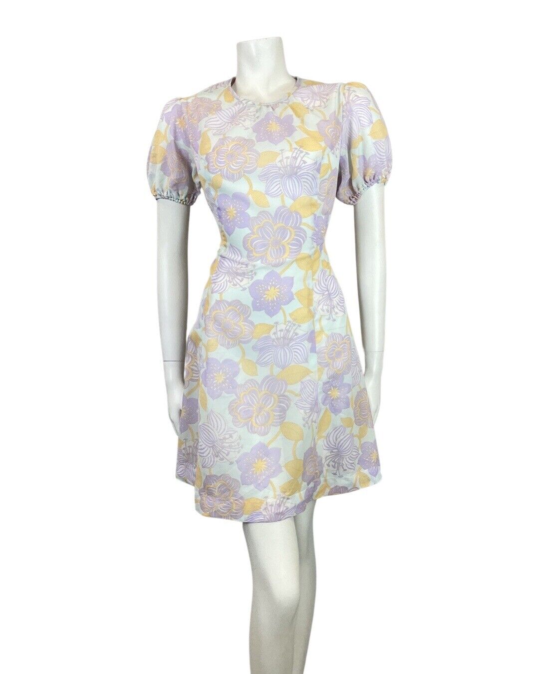 VINTAGE 60s 70s PURPLE BLUE YELLOW FLORAL MOD PUFF SLEEVE SWING DRESS 10 12