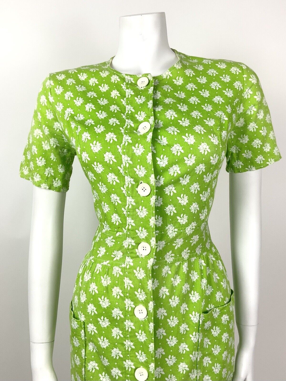 VINTAGE 60s 70s LIME GREEN WHITE FLORAL DOTTY MOD COTTON DRESS 10 12