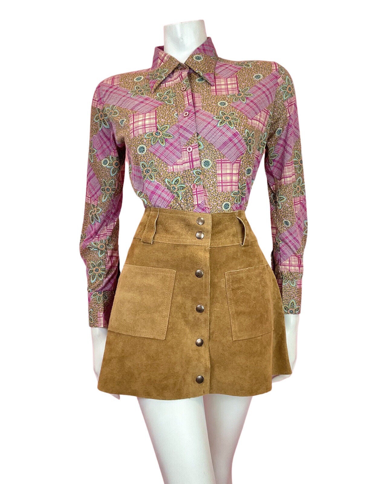 VINTAGE 60s 70s PURPLE GOLD BLUE PATCHWORK FLORAL CHECKED MOD DAGGER SHIRT 12 14