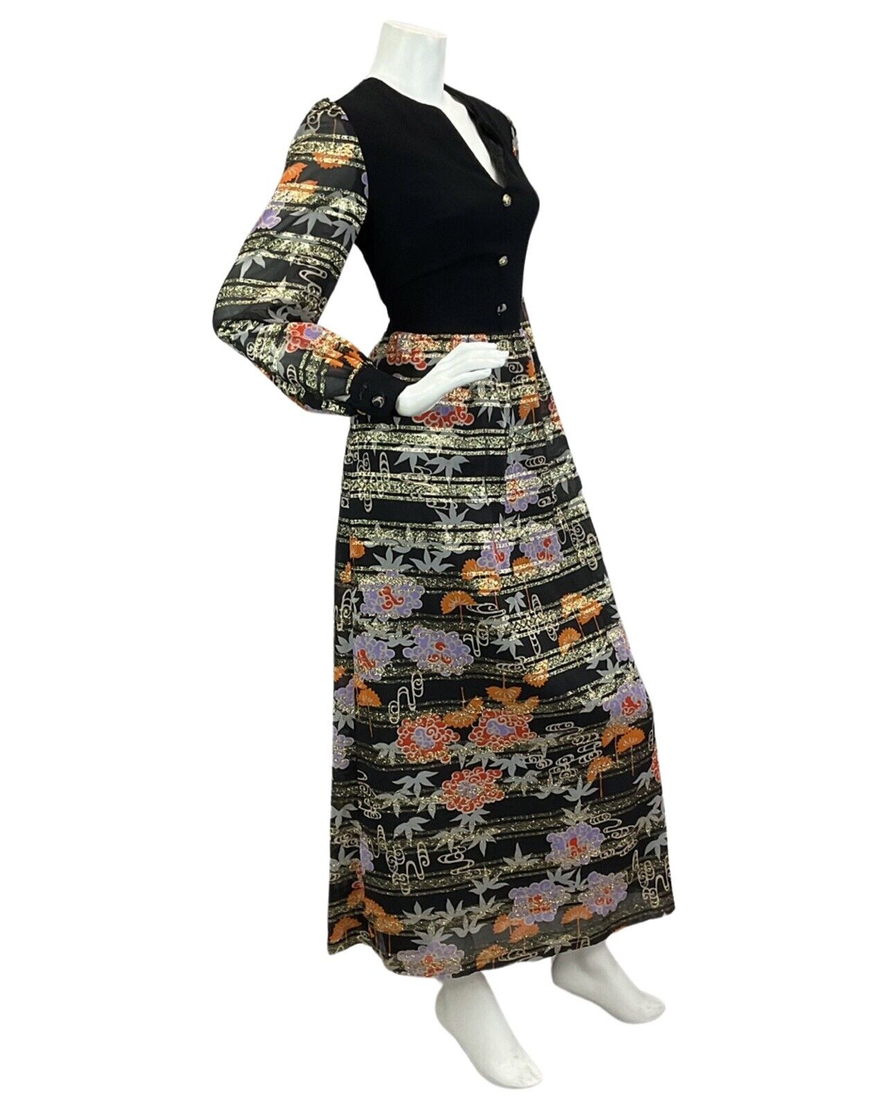 VTG 60s 70s BLACK GOLD ORANGE RED FLORAL METALLIC DISCO PARTY MAXI DRESS 8 10