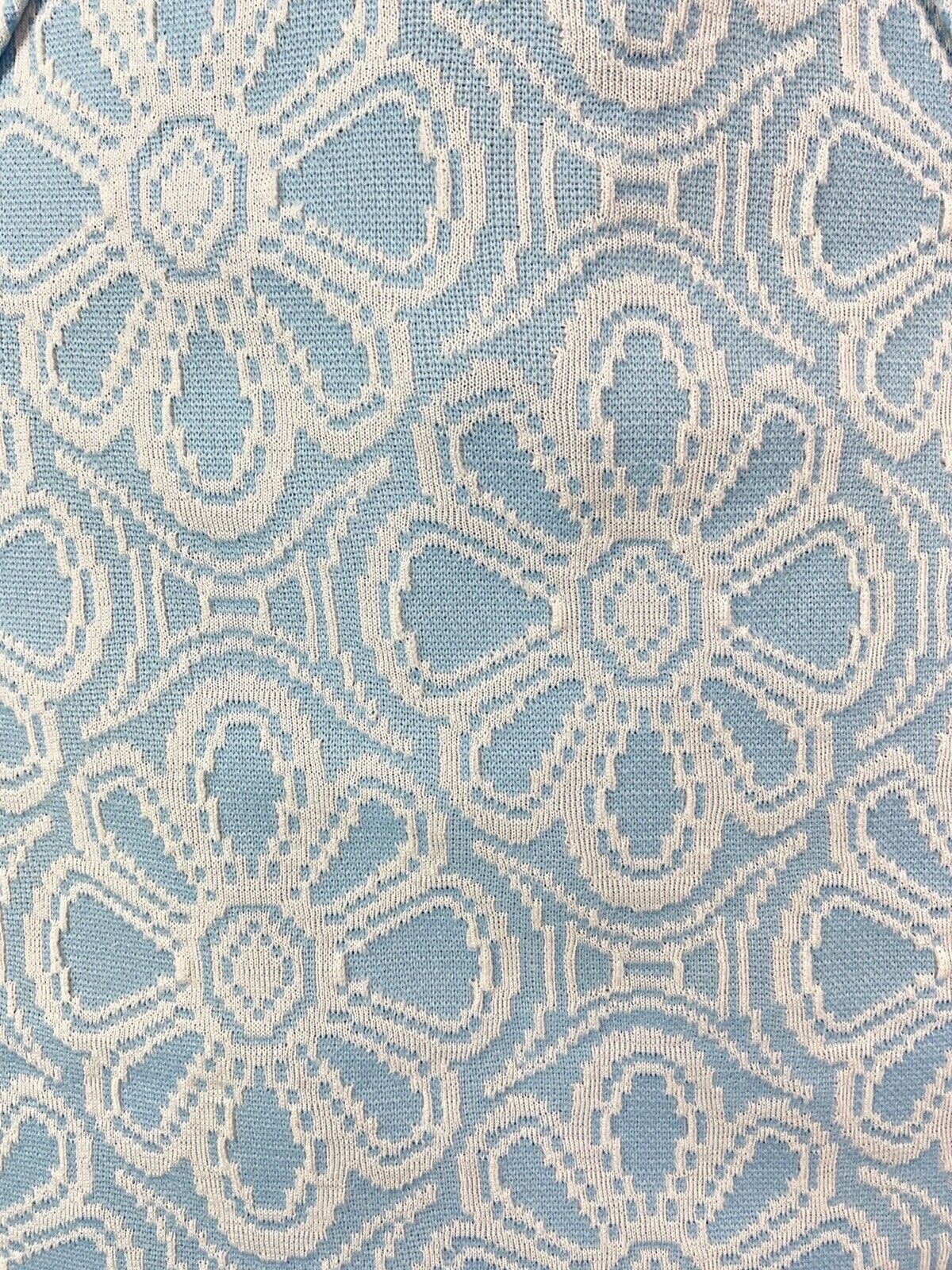 VINTAGE 60s 70s BABY BLUE WHITE DAISY FLORAL MOD KNIT SHORT-SLEEVE TOP 12 14