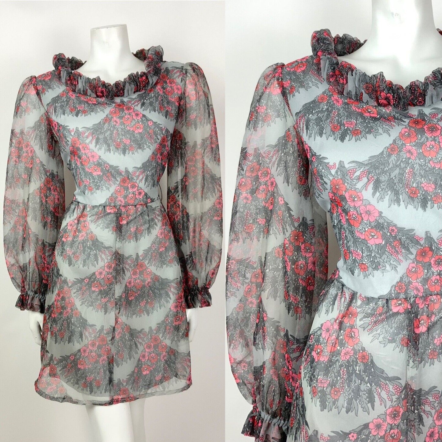 VINTAGE 60s 70s GREY RED PINK FLORAL SCALES RUFFLED SHEER MOD DRESS 12 14