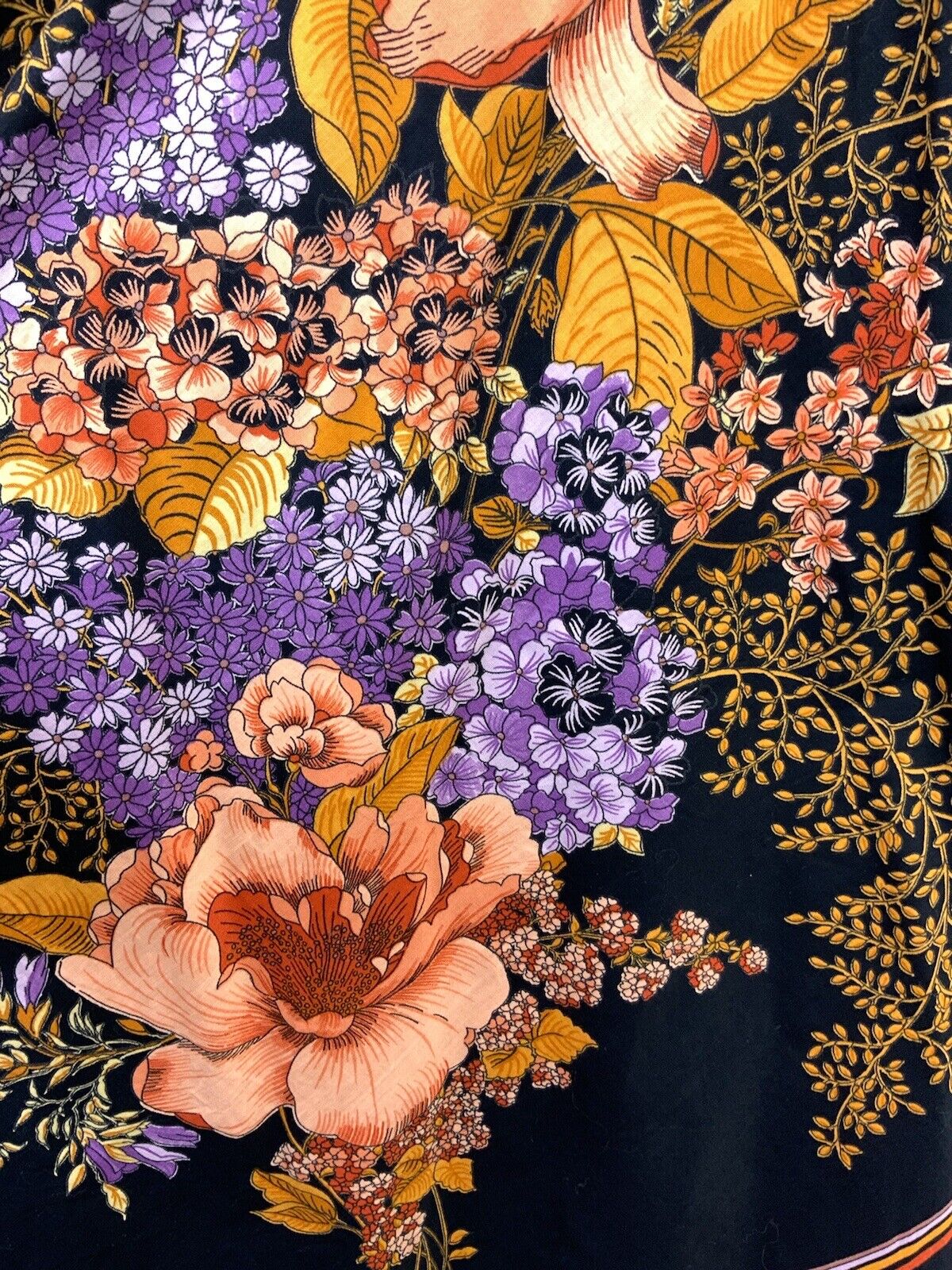 VINTAGE 60s 70s BLACK GOLD PURPLE RED FLORAL LEAFY BOHO FOLK SLEEVELESS DRESS 8