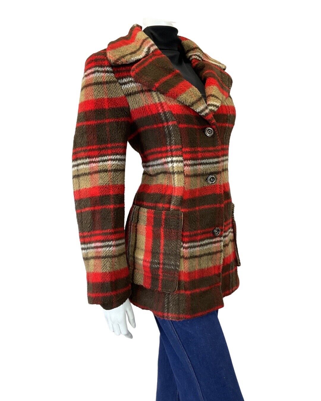 VINTAGE 60s 70s BROWN RED PLAID CHECKED STRIPED MOD WOOL SHORT COAT 14 16