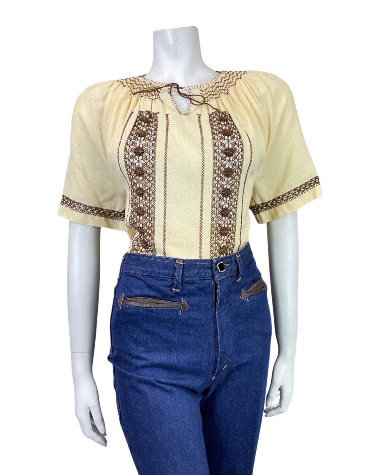 VINTAGE 70s YELLOW BROWN CROCHETED BOHO PRAIRIE FOLK COTTON BLOUSE 14 16
