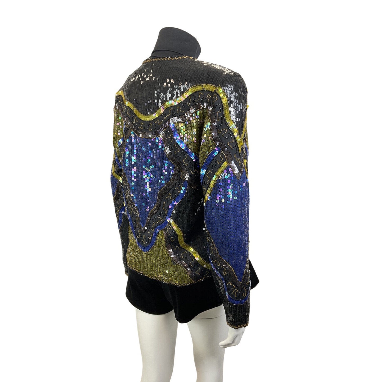 VINTAGE 70s 80s BLACK BLUE GOLD GEOMETRIC WAVY DISCO GLAM TROPHY JACKET 14 16