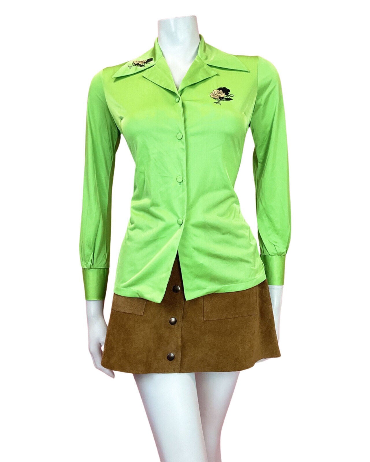 VINTAGE 70s 90s LIME GREEN BLACK EMBROIDERED ROSE MOD DAGGER SHIRT 8 10