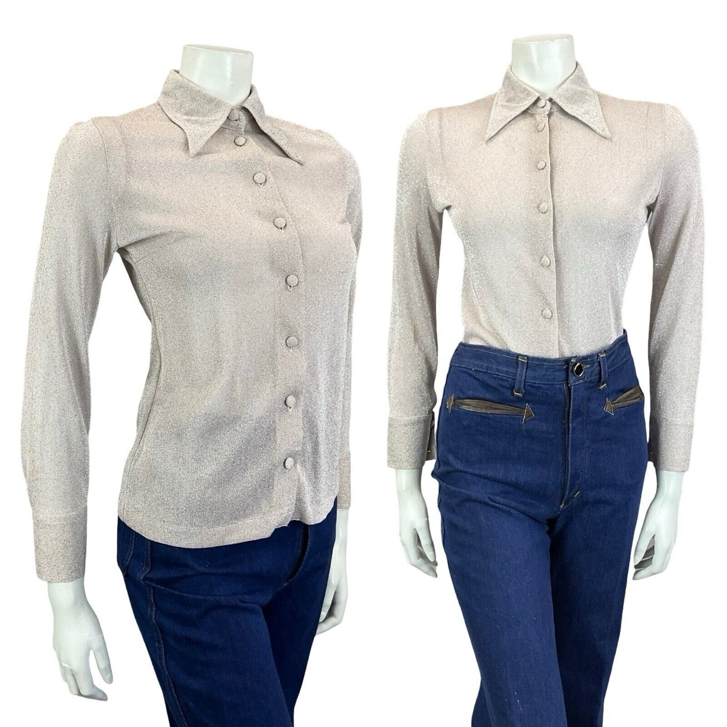 VTG 60S 70S WHITE PASTEL PINK DAGGER COLLAR LONG SLEEVE LUREX PARTY SHIRT 6