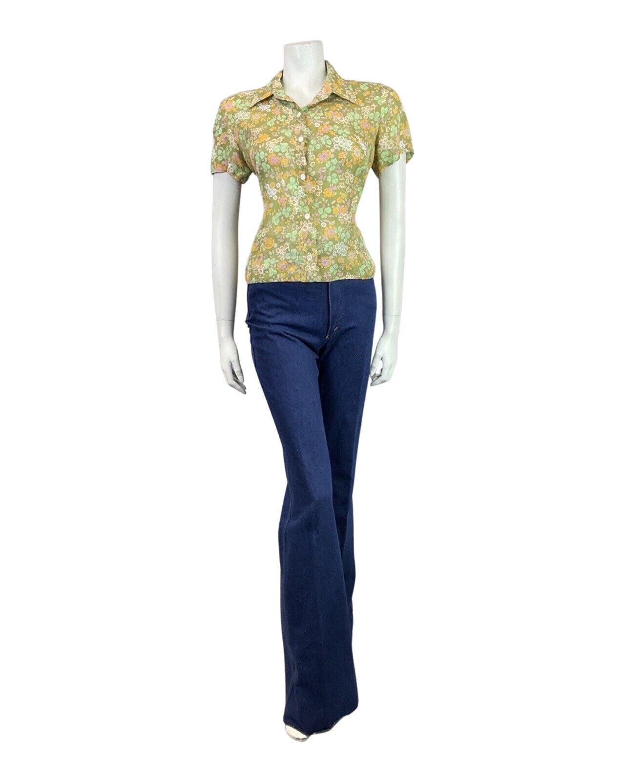 VINTAGE 60s 70s GREEN PINK YELLOW FLORAL BOTANICAL PRAIRIE BLOUSE 12 14