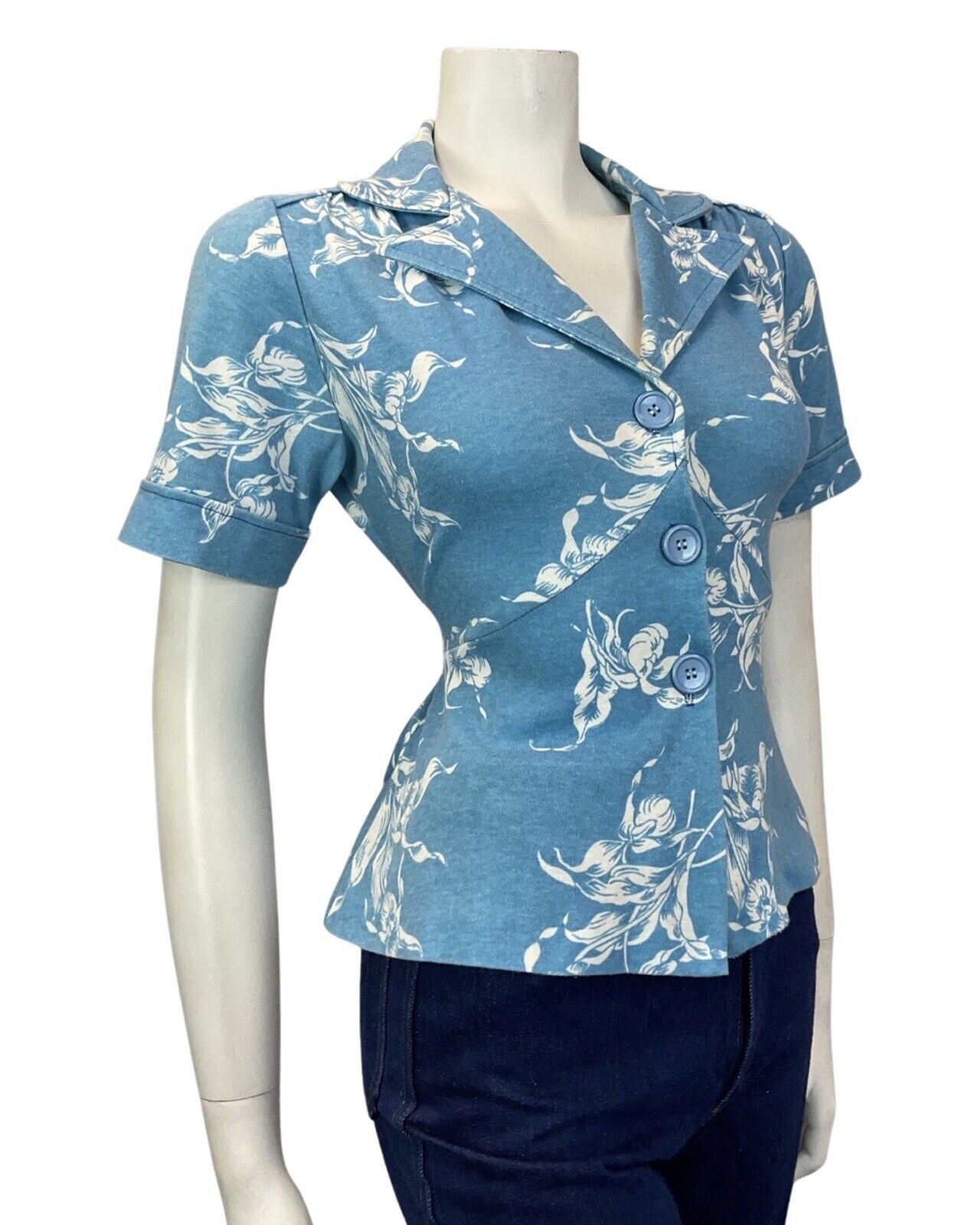 VINTAGE 60s 70s LIGHT BLUE WHITE FLORAL BELTED SHORT SLEEVE BLOUSE SHIRT 12 14