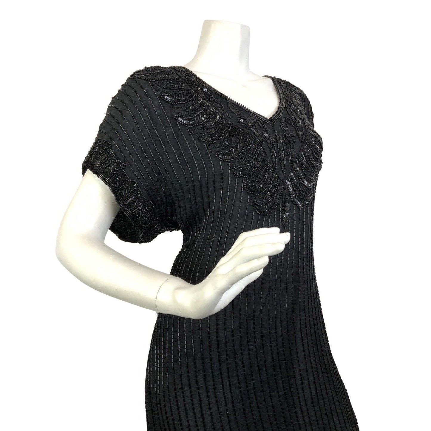 VINTAGE 70s 80s BLACK SEQUIN BEADED FLAPPER STYLE DISCO GLAM PARTY DRESS 14