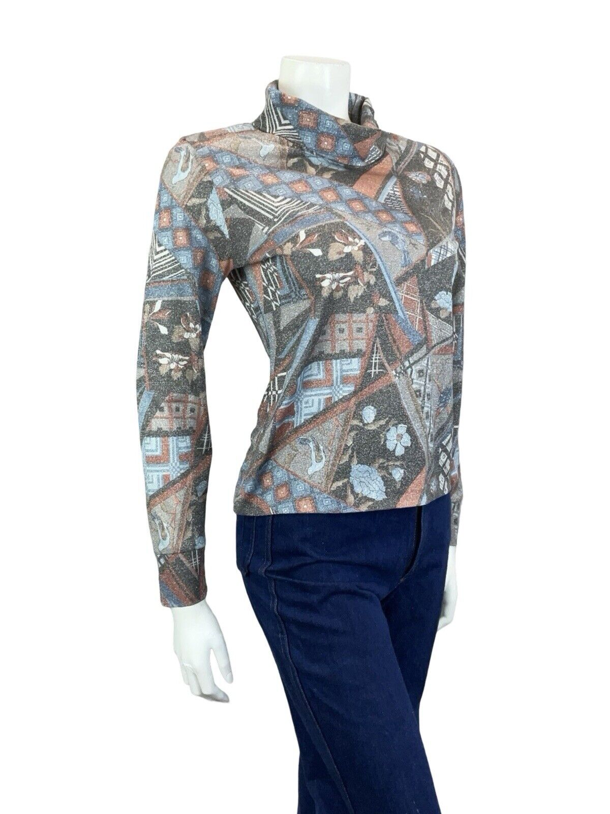 VTG 60S 70S BLACK RED BLUE LUREX GEOMETRIC FLORA BIRD PARTY TURTLENECK TOP 8