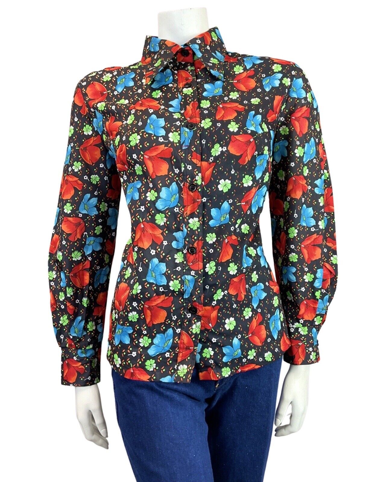 VINTAGE 60s 70s BLACK RED BLUE FLORAL MOD DAGGER COLLAR SHIRT 16 18