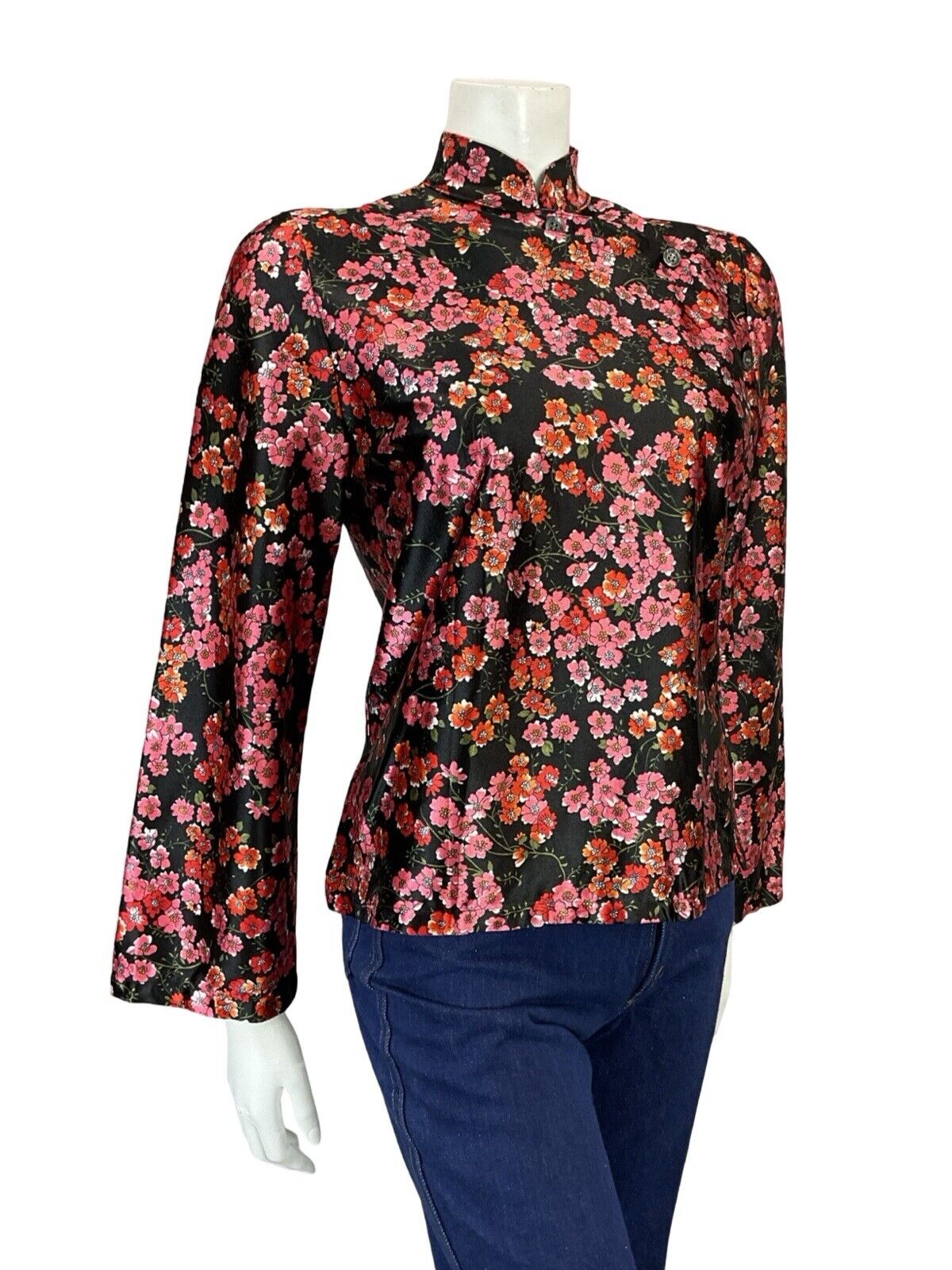 VTG 70S BLACK RED PINK FLORAL CHERRY BLOSSOM MANDARIN CHEONSAM TOP BLOUSE 8 10 S