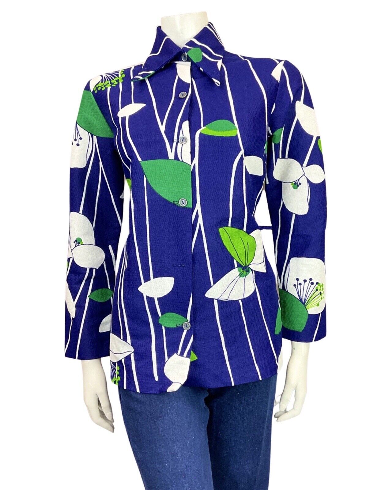 VINTAGE 60s 70s NAVY BLUE WHITE GREEN STRIPED LEAFY FLORAL DAGGER BLOUSE 14