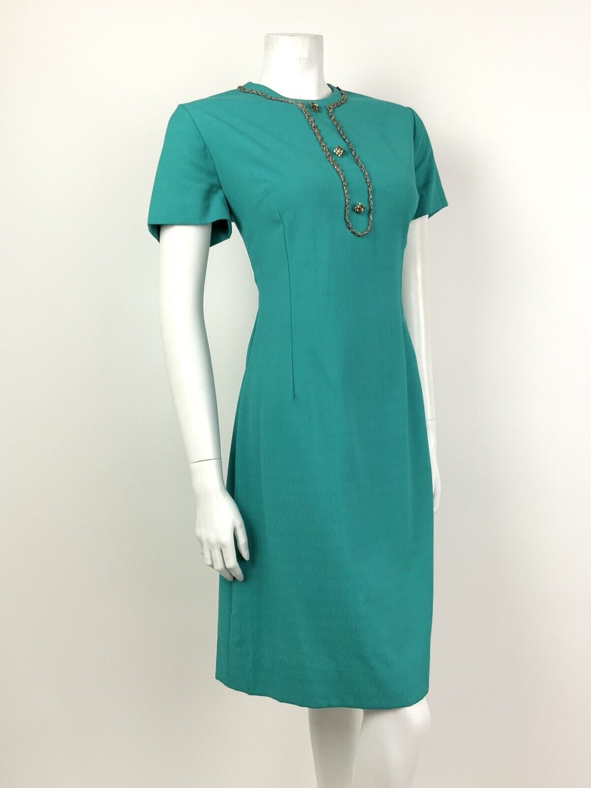 VTG 60s 70s GREEN TEAL BRONZE SILVER DIAMANTE BIRDS-EYE MOD DRESS 14 16