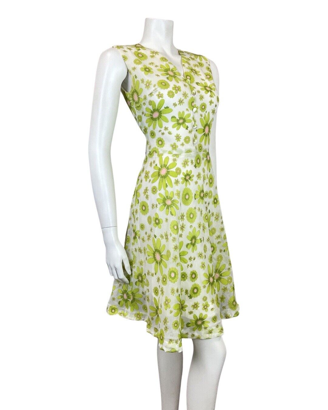 VINTAGE 60s 70s GREEN WHITE PINK FLORAL DAISY MOD SLEEVELESS SWING DRESS 8 10