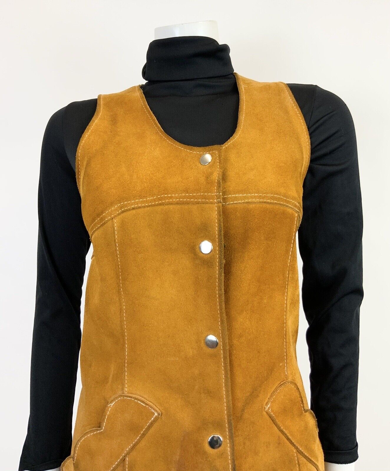 VTG 60s 70s BROWN SUEDE LEATHER SCALLOPED BOHO MOD PINAFORE PINNY DRESS 8 10